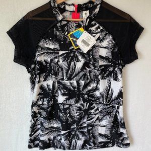 Fabletics Womens Black White Palm Tropical Short Sleeve Pearl Rashguard Size XL